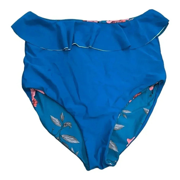 Coral Reef Teal Floral Ruffle High Waisted Reversible Bikini Bottoms L - Picture 2 of 4